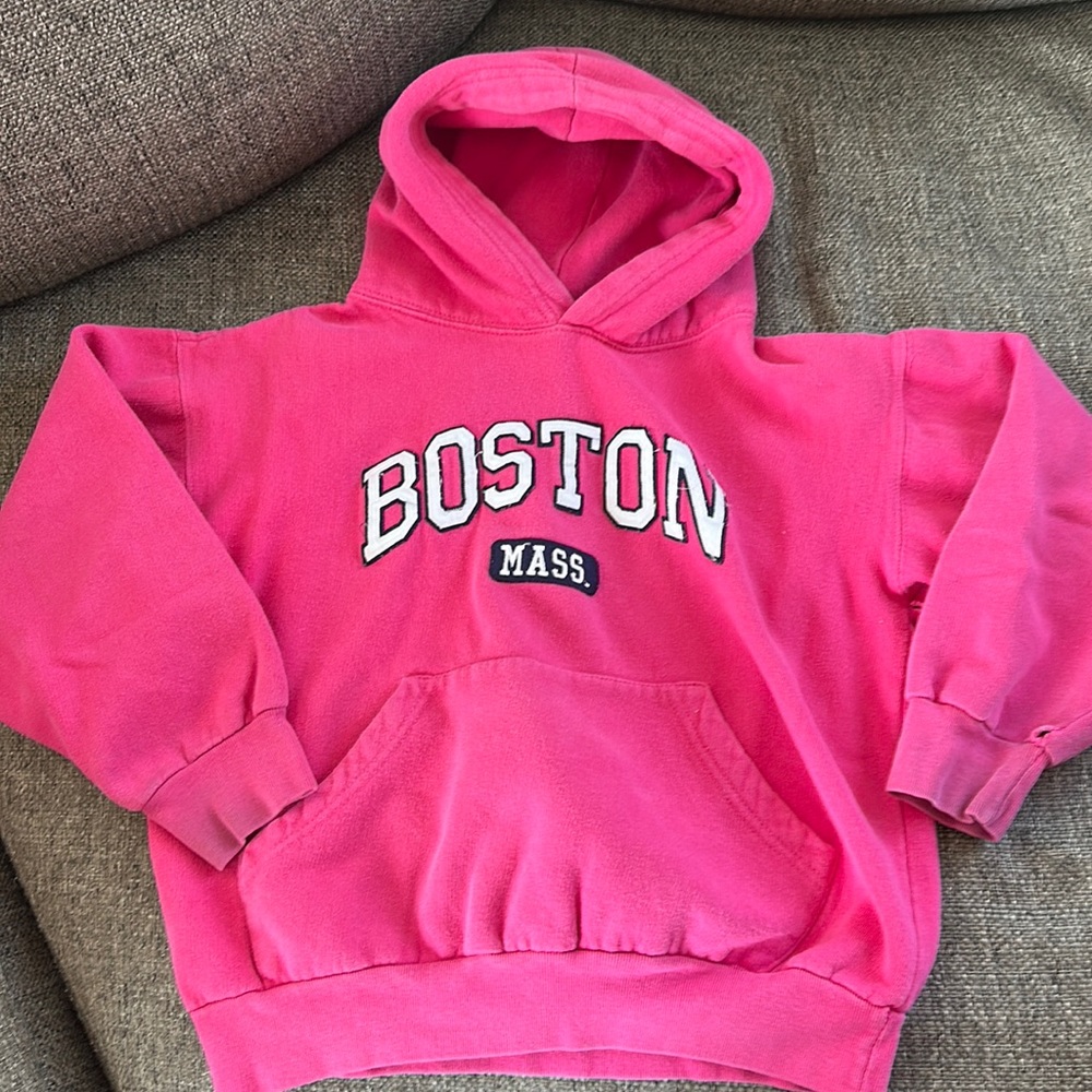 Boston Mass Pink Graphic Pullover Hoodie Sweatshirt Distressed